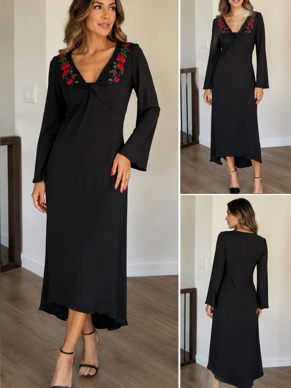 CDC Black Long Sleeve Midi Dress with Red Rose Embroidery